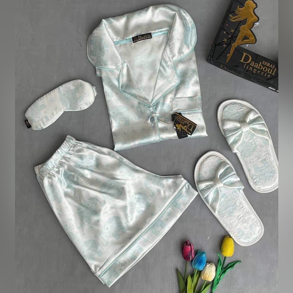 Pajama 4 piece set blouse shorts slippers graphic womens pajama for girls